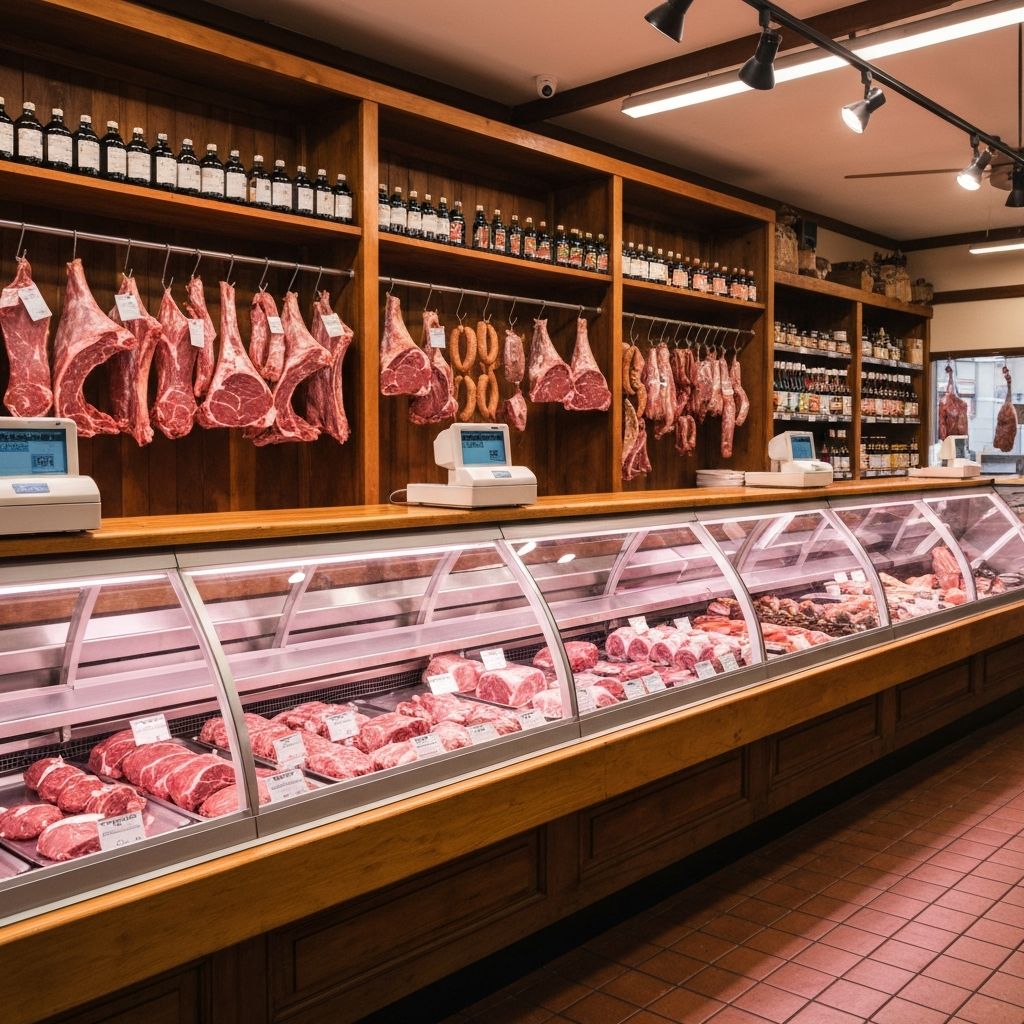 Inside T&C Family Meats butcher shop showing a well-stocked display case with fresh premium meats