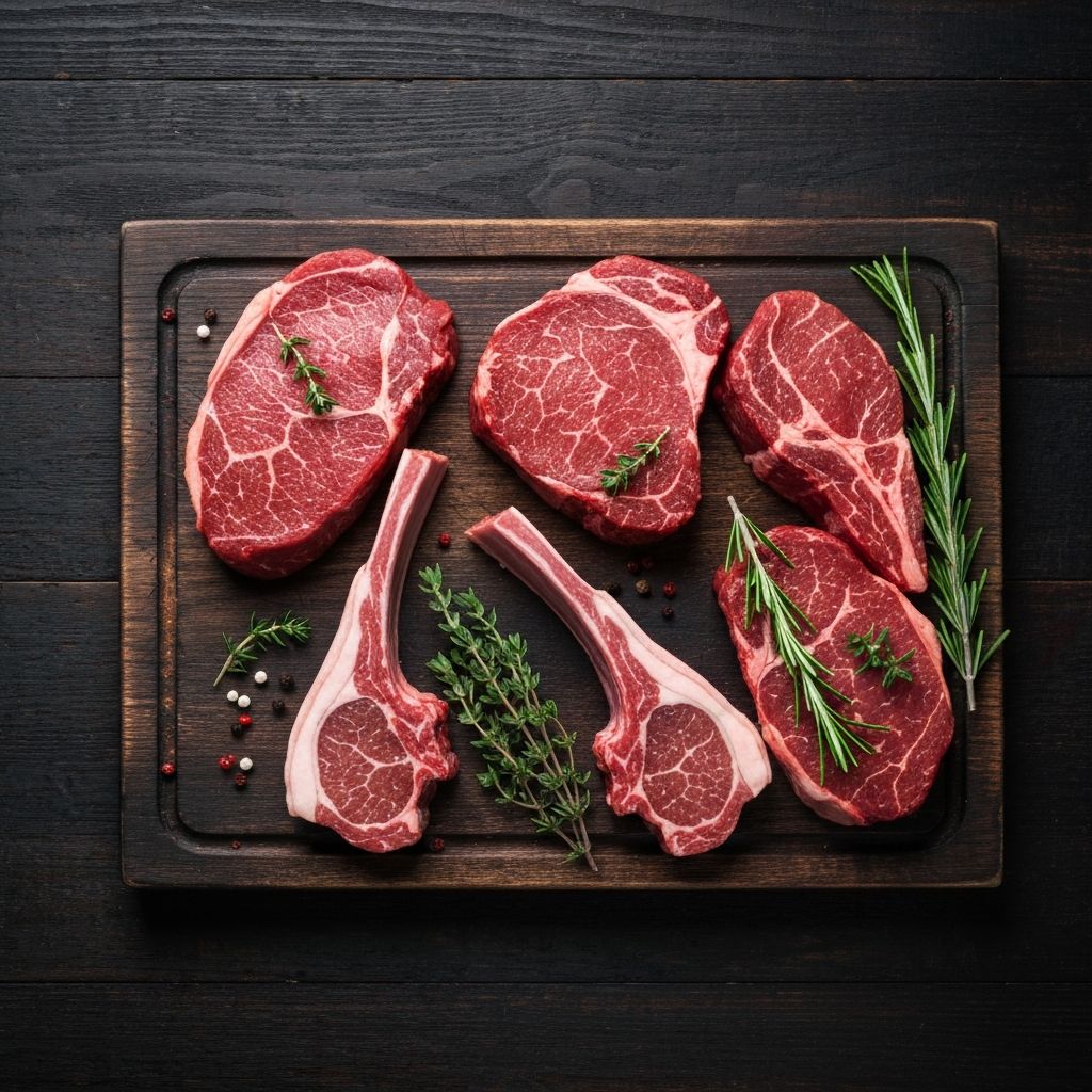 Flat-lay of premium fresh beef steaks and lamb chops on a dark wooden board